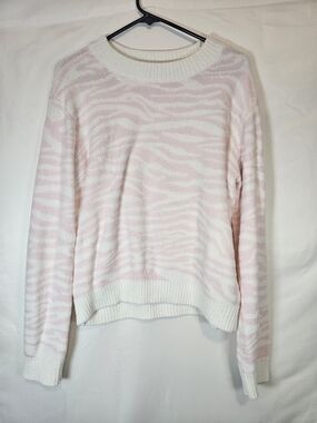 Soft Pink & White Zebra-Print Crewneck Sweater